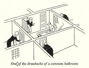Een van de nadelen van een gemeenschappelijke badkamer door William Heath Robinson