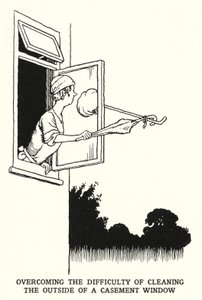 Het overwinnen van de moeilijkheid om de buitenkant van een draairaam schoon te maken door William Heath Robinson