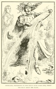 Petruchio, die deed alsof hij elk gerecht afkeurde, gooide het vlees over de vloer door William Heath Robinson
