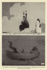 Succesvol resultaat van intelligente voorzorgsmaatregelen waargenomen door oude dame in het geluid van mull door William Heath Robinson