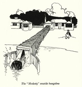 De "Bescheidenheid" Strandbungalow (litho) door William Heath Robinson