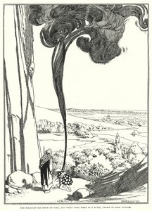 De magiër stak ze in brand, en toen ze in vlammen stonden, gooide hij er wat wierook in (gravure) door William Heath Robinson