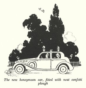 De nieuwe huwelijksreisauto, uitgerust met een nette confettiploeg (litho) door William Heath Robinson