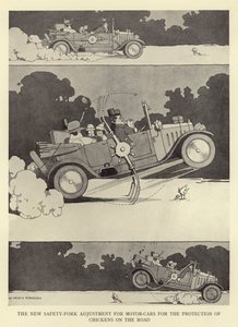 De nieuwe veiligheidsvorkaanpassing voor motorvoertuigen ter bescherming van kippen op de weg door William Heath Robinson