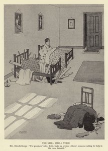 De stille kleine stem, mevrouw Blendlethorpe, Voor de liefde van God, John, word onmiddellijk wakker; er roept iemand om hulp in de kamer eronder door William Heath Robinson