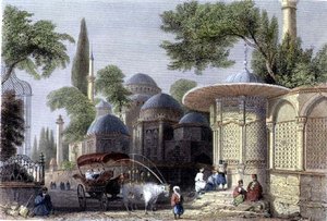 Fontein en moskee van Chahzade, gegraveerd door Roberts Sands