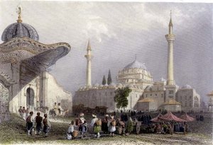 De Moskee van Bajazet met de Seraskierpoort, Istanbul, gegraveerd door H. Griffiths, ca. 1850 (aquatint)