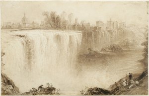 Genesee Falls, Rochester, New York: Studie voor een gravure, 1836 (bruine inktwassing met krassen op papier) door William Henry Bartlett