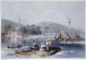 Kolonisten vlotten en houttransport op het Meer van de twee bergen - in "Canadian scenery illustrated" door Bartlett W. H.