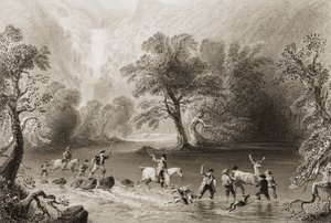 Een hert vangen bij Derrycunnihy Cascade, County Kerry, Ierland, uit 