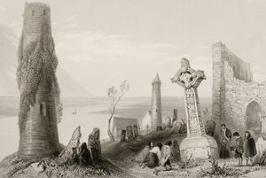 Het Oude Kruis en de Ronde Toren bij Clonmacnois, County Offaly, Ierland, uit 