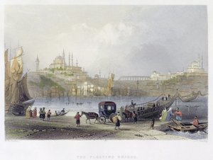 De Drijvende Brug, Istanbul, gegraveerd door J.C. Bentley, ca. 1850 door William Henry Bartlett