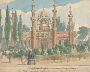 Vuurwerktempel en Amerikaans gebouwsalon door William Henry Brooke