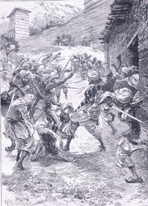 Luitenant Harley leidt de sortie vanuit Fort Chitral, illustratie uit Cassells Geschiedenis van Engeland, 1900s