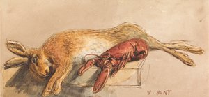 Een dode haas en een gekookte kreeft op een bank door William Henry Hunt