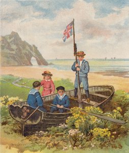 Kinderen spelen in een boot op het strand door William Henry James (after) Boot