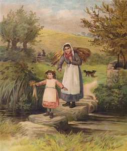 Vrouw en meisje steken een beek over via stapstenen door William Henry James (after) Boot