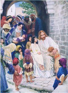 Jezus en de kinderen, uit Het Bijbel Prentenboek uitgegeven door Thomas Nelson, ca.1950