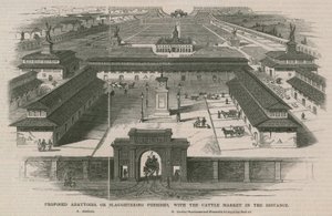 Voorgestelde slachthuizen, of slachtplaatsen, met de veemarkt in de verte door William Henry Prior