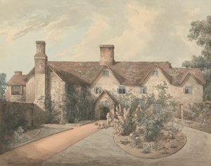 Een jongen die een trommel speelt in de tuin van een landhuis door William Henry Pyne