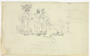 Figuren met marktgoederen en drie schetsen door William Henry Pyne