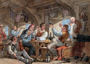 Matrozen drinken aan boord van het benedendek van hun schip, scène met violist en pijproker, linnen liggend op een touw, en boorduitrusting (zwaard, geweer, kanon, lamp) door William Henry Pyne