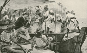 Een Britse marineofficier inspecteert een Arabische slavendhow door William Heysham (after) Overend