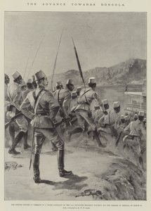 De opmars naar Dongola, de Britse officier die het bevel voert over een negerbataljon van het 11e Soedanese regiment kijkt toe hoe zijn mannen inschepen in Shellal, op 18 maart door William Heysham (after) Overend
