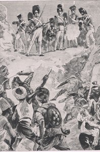 Volgelingen van Carmichael vuurden een salvo in de dichte menigte: Slag bij Bharatpur 1826, illustratie uit Britse gevechten op land en zee, 1915 door William Heysham Overend