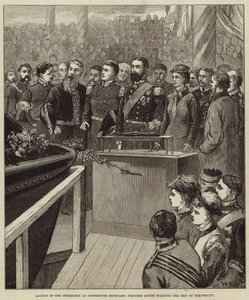 Lancering van de Inflexible in Portsmouth Dockyard, Prinses Louise start het schip met elektriciteit door William Heysham Overend