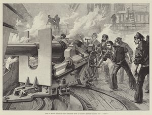 Leven aan boord van een oorlogsschip, oefening met een zes-inch achterlaadkanon, Een Treffer! door William Heysham Overend