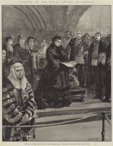 Opening van de Royal Courts of Justice, het podium aan de noordkant van de centrale hal, de koningin verklaart de rechtbanken geopend