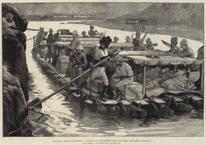 Onze Troepen verlaten Afghanistan, drijvende zieken en gewonden over de Cabul Rivier vanaf Jellalabad