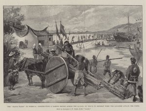 De zwarte vlaggen in Formosa, bouwen een bamboebrug over de lagune om zich terug te trekken wanneer de Japanners de forten aanvallen