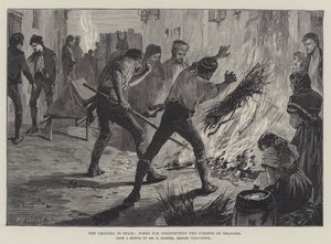 De cholera in Spanje, vuren voor het ontsmetten van de straten van Granada