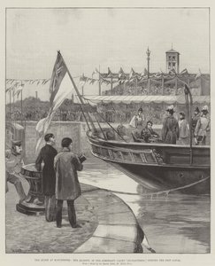 De Koningin in Manchester, Hare Majesteit, in het Admiraliteit Jacht Enchantress, opent het Scheepvaartkanaal