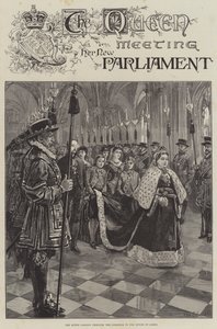 De koningin ontmoet haar nieuwe parlement, door de gang naar het Hogerhuis