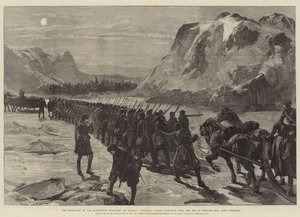 De opstand in het Noordwestelijke Territorium van Canada, koloniale troepen marcheren over het ijs van Nepigon Bay, Lake Superior