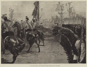 De Koninklijke Review, de Brigade van de Garde marcheert langs de Koningin