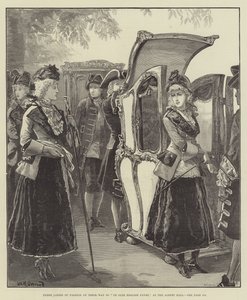 Drie dames van mode op weg naar Ye Olde English Fayre, in de Albert Hall door William Heysham Overend