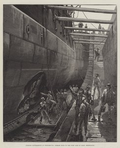 Torpedo-experimenten in Portsmouth, schade aan de bakboordzijde van HMS Resistance