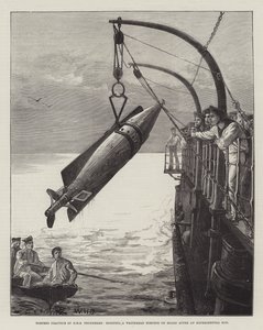 Torpedo-oefening van HMS Thunderer, een Whitehead-torpedo aan boord hijsen na een experimentele run door William Heysham Overend
