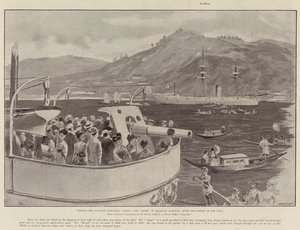 Bezoek aan de Japanse oorlogsschepen Akagi en Hiyei in de haven van Nagasaki, na de Slag bij de Yalu