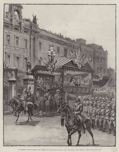 Vrijwilligersparade voor de koningin bij Buckingham Palace afgelopen zaterdag, het kunstenaarskorps marcheert voorbij