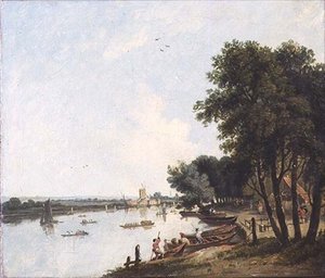 Een uitzicht op de Theems bij Chelsea met de postmolen bij Nine Elms daarachter