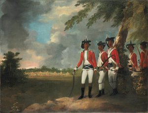 Kamp van duizend mannen gevormd door Augustus Cleveland drie mijl van Bhagalpur, met zijn herenhuis in de verte