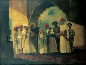 Groep Indiase muzikanten die een sarangi, een tambura en tablas bespelen, met een meisje dat op een terras danst