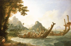 De oorlogsschepen van het eiland Otaheite (Tahiti) en de Society-eilanden, met een uitzicht op een deel van de haven van Ohaneneno, op het eiland Ulieta, een van de Society-eilanden door William Hodges
