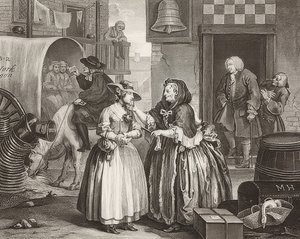 Het pad van een hoer. Blad 1: Aankomst in Londen. 1732 door William Hogarth