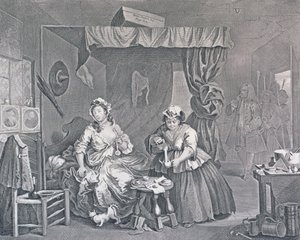 Het Verloop van een Hoer, Plaat Drie: Gearresteerd door een Magistraat, 1732 door William Hogarth